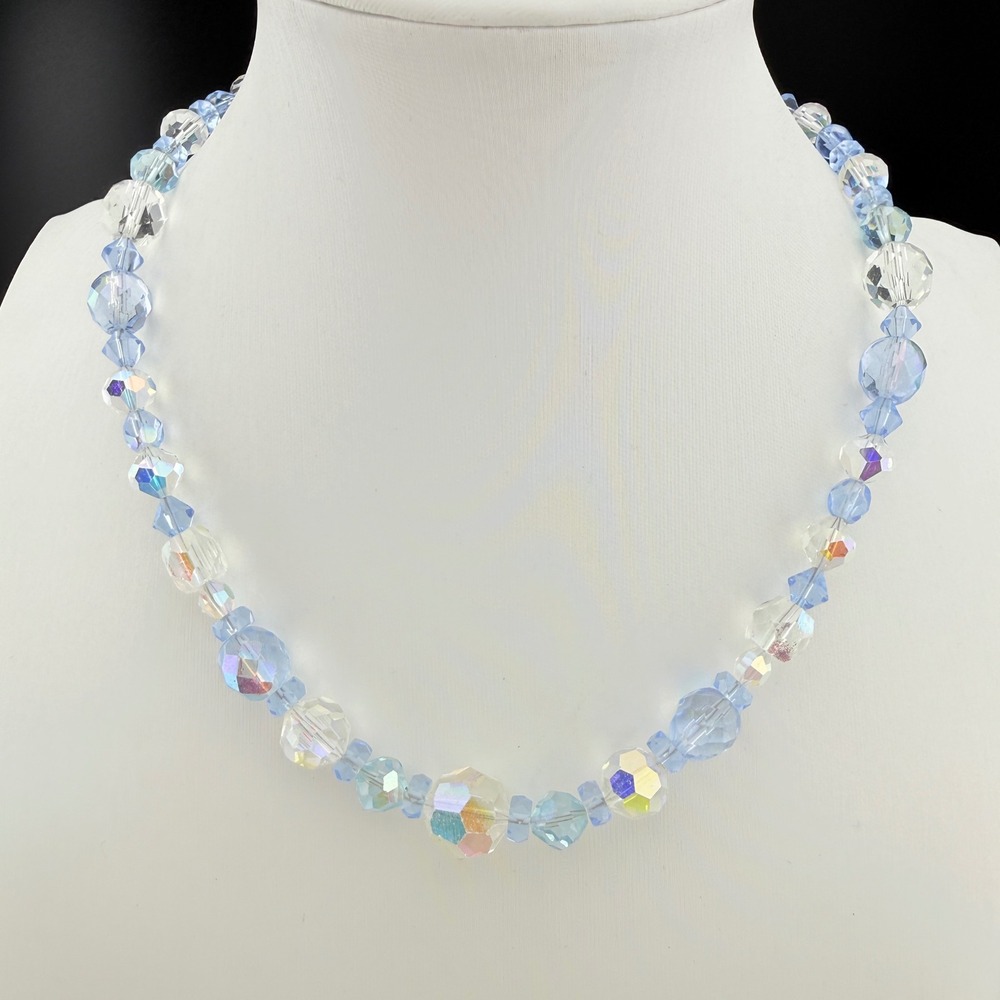 Vintage Crystal Necklace Iridescent Blue Clear Aurora Borealis Y2K